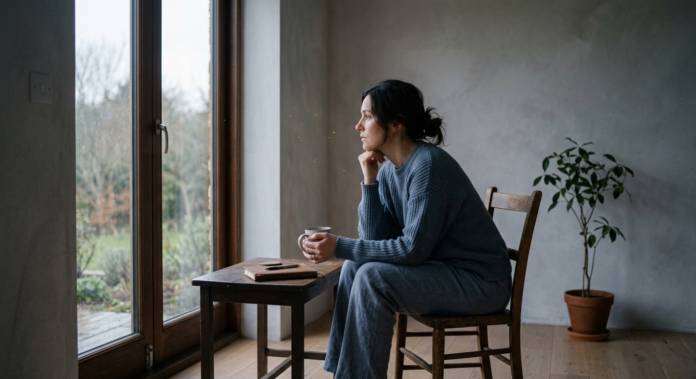 Woman in a blue sweater holding a mug while gazing pensively out a window