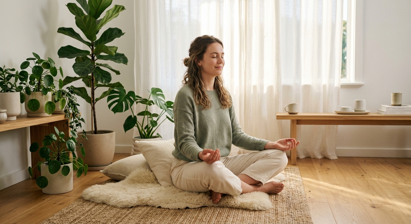 Woman sitting cross-legged with eyes closed, meditating on a rug surrounded by houseplants in a sunlit room