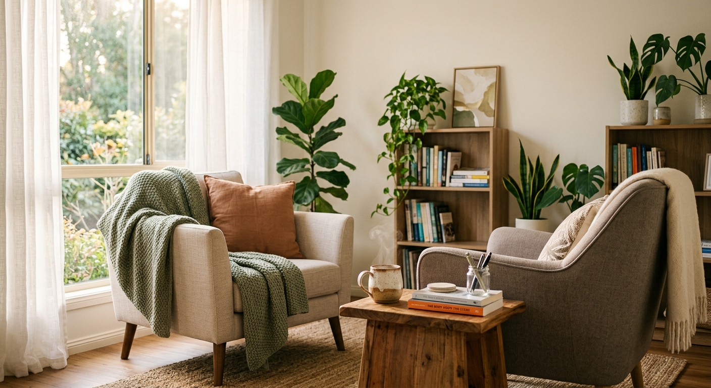 Cozy reading nook with armchairs, throw blankets, houseplants, bookshelves, and a steaming mug on a wooden table