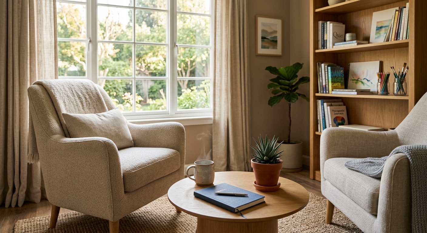 Cozy seating area with two beige armchairs, a wooden coffee table with a steaming mug and notebook, and a large window