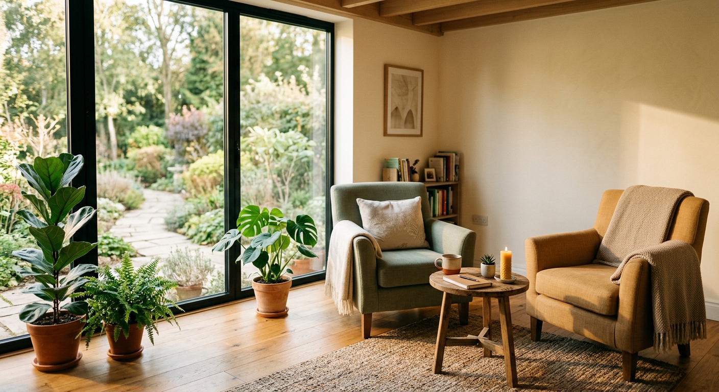 Cozy sitting area with two armchairs and potted plants next to large sliding glass doors overlooking a garden