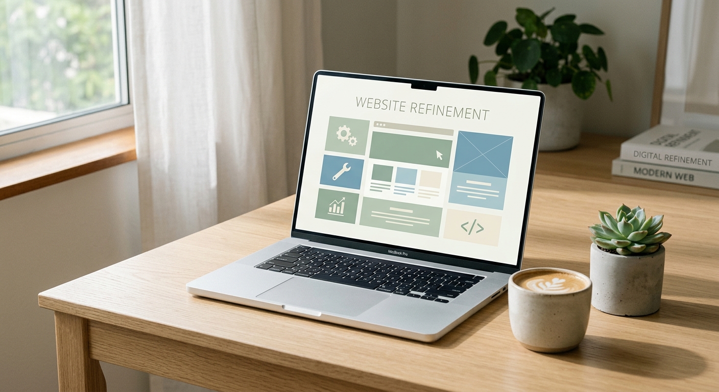 Laptop on a desk displaying a web layout screen titled Website Refinement