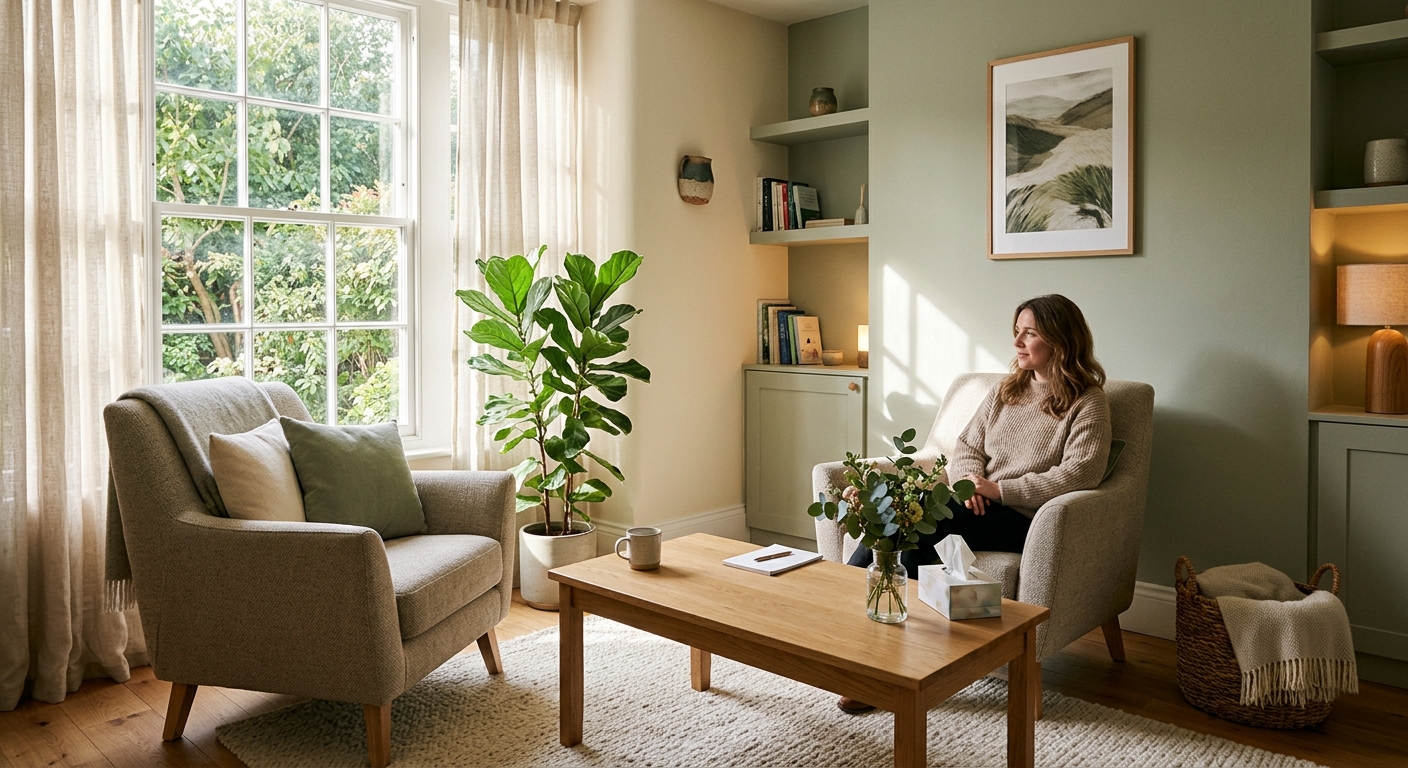 Woman sitting in a cozy room with two armchairs facing each other across a wooden coffee table near a window